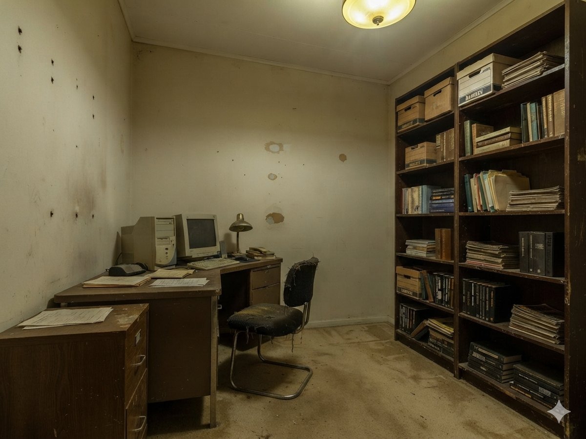 Office interior with dull, yellowed walls